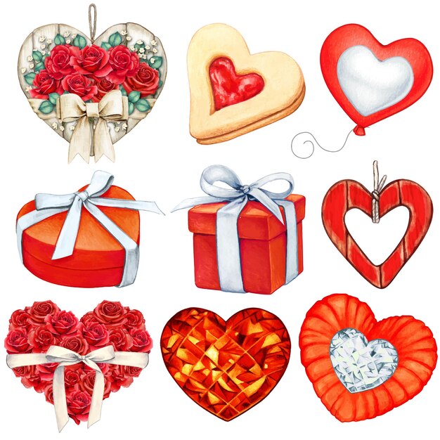 Watercolor red valentine's day decorations collection