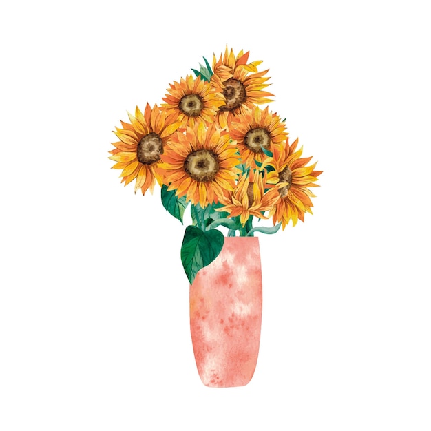 Watercolor red vase with sunflowers isolated on white background