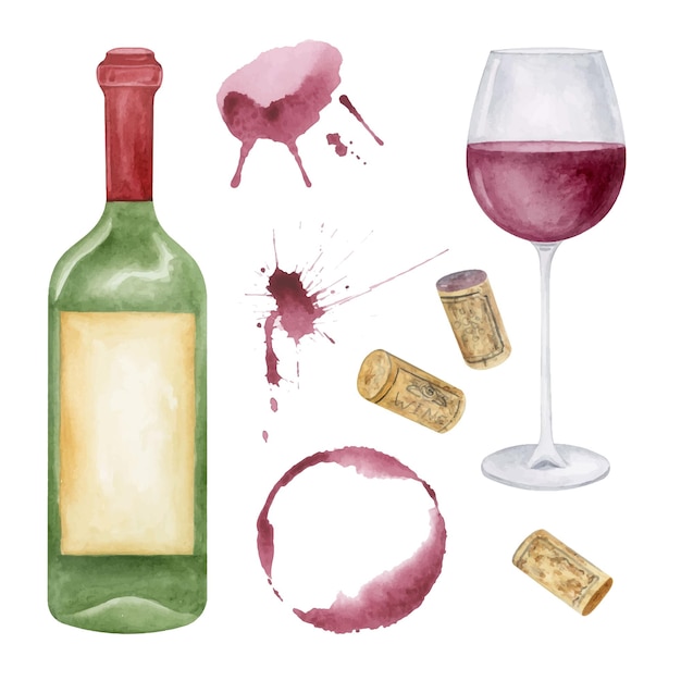 Watercolor red wine set Wine testing clipart Wine bottle wine