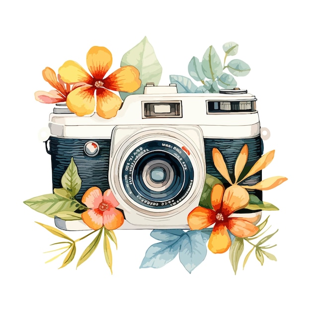 Watercolor retro vintage camera floral illustration