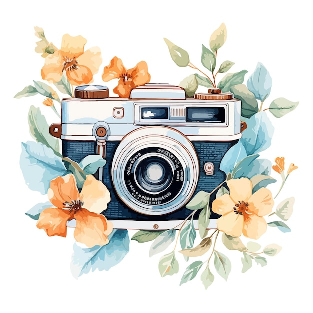 ベクトル 水彩のレトロなビンテージカメラの花のイラスト