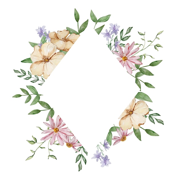 Watercolor rhombus frame of garden flowers