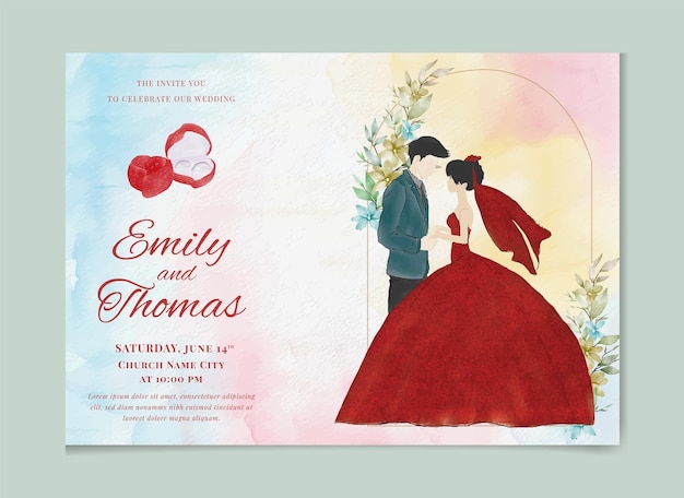 Watercolor Romantic bride and groom dancing Template for wedding invitation card save the date