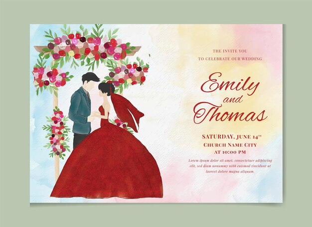 Watercolor Romantic bride and groom dancing Template for wedding invitation card save the date
