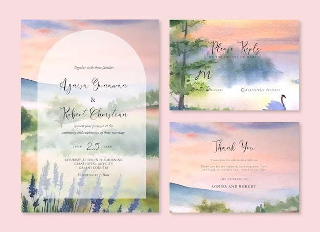 水彩 ロマンチック スワン・レイクとラベンダー・フラワー 結婚式の招待状のテンプレート