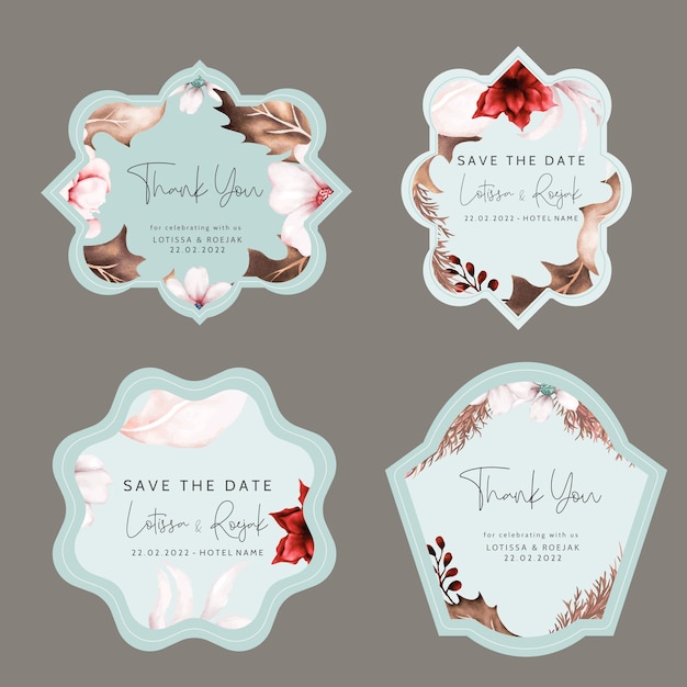 Watercolor rose flower and dried leaves label collection