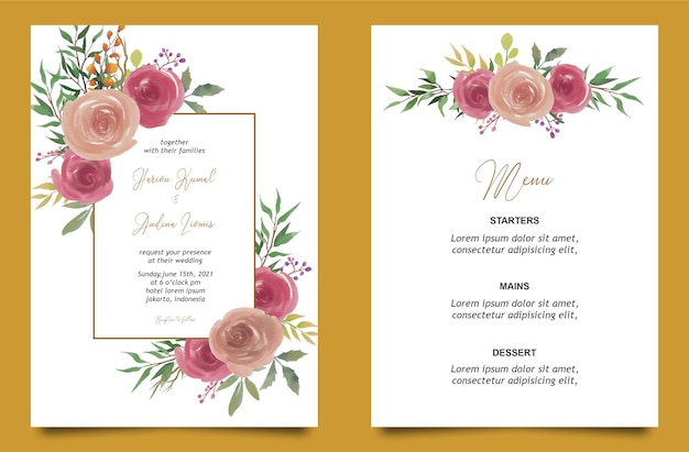 Watercolor rose flower wedding invitation card template and menu card