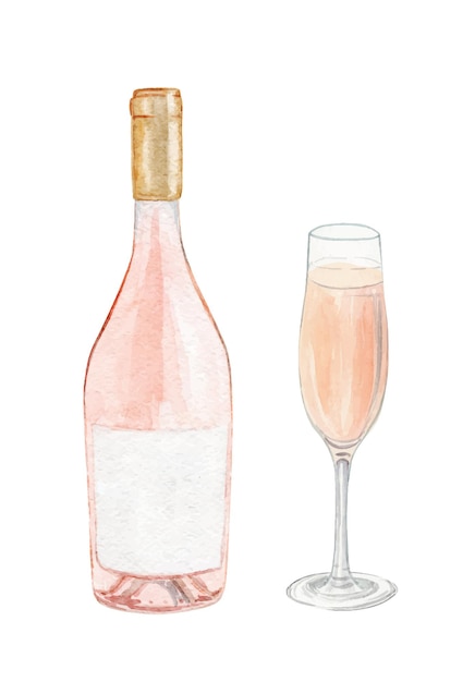 Watercolor rose wine bottle and glass set isolated