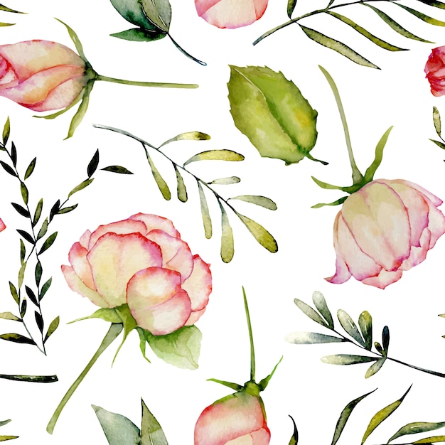 Watercolor roses, green leaves and branches seamless pattern