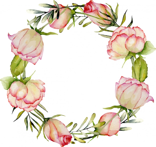 Watercolor roses, green leaves and branches wreath