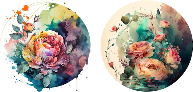 Watercolor round floral art Watercolor Flowers Rose vector Watercolor background