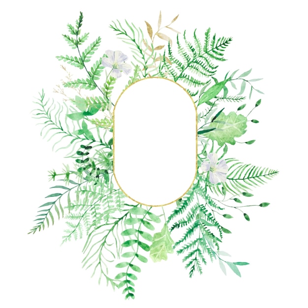 Watercolor round frame of forest leaves fern leaves