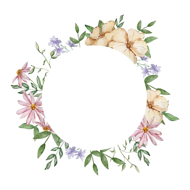 Watercolor round frame of garden flowers