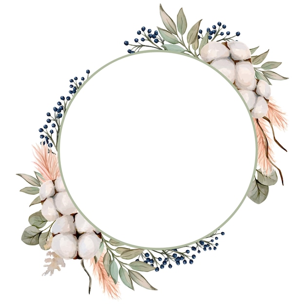 Watercolor round frame with cotton, eucalyptus and berries