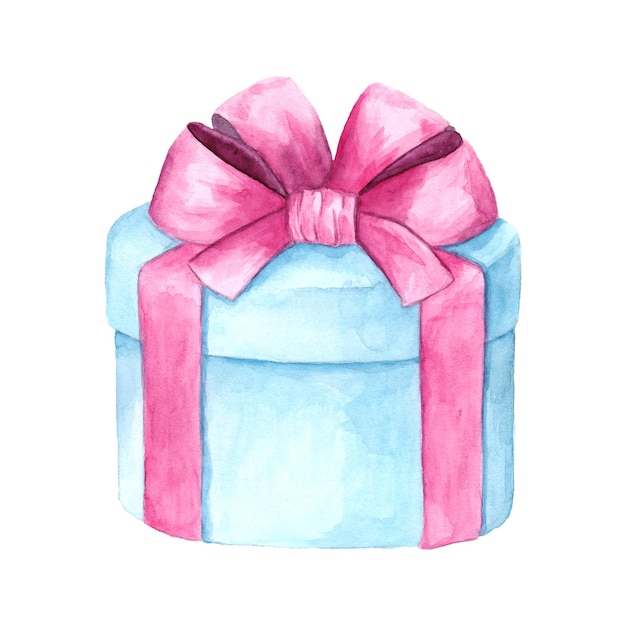 Watercolor round gift box with bow and ribbon