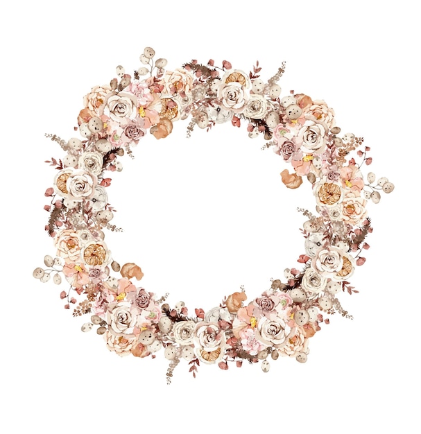 Watercolor round wreath with beige flowers