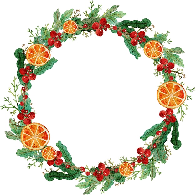 Watercolor round wreath with fir branches red berries and orange christmas wreath