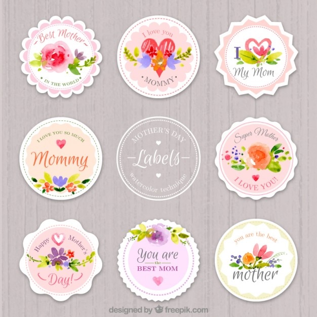 Vector watercolor rounded mother's day labels