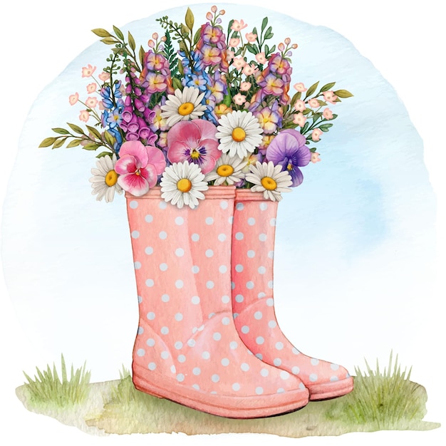 花の花束と水彩のラバー ブーツ