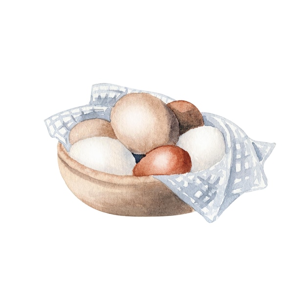Вектор Акварельная сельская миска с яйцами летний пикник в деревне иллюстрация фермы