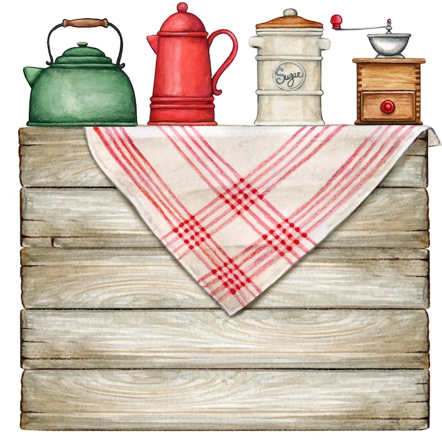 국가 식탁보와 빈티지 냄비와 수채화 시골 풍 테이블