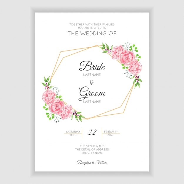 Watercolor rustic wedding invitation with pink flower