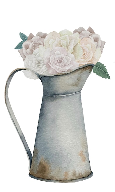 Vector watercolor rusty watering can with a bouquet of white roses flower