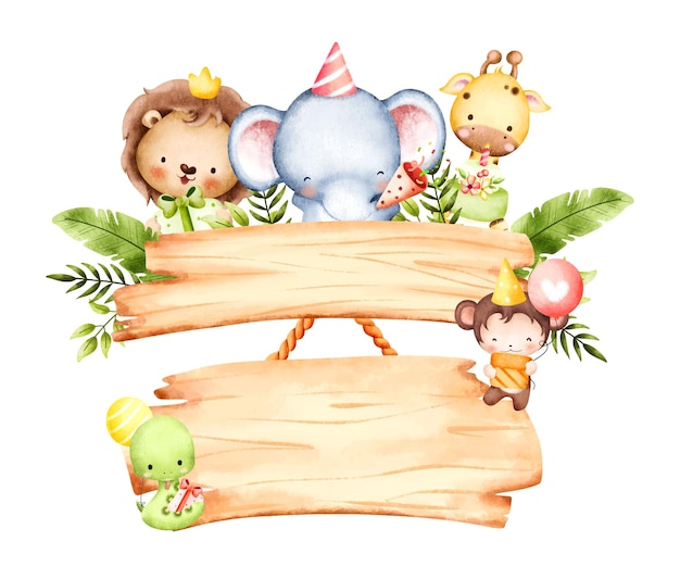 水彩サファリ動物と木の板お誕生日おめでとうパーティーのテーマ