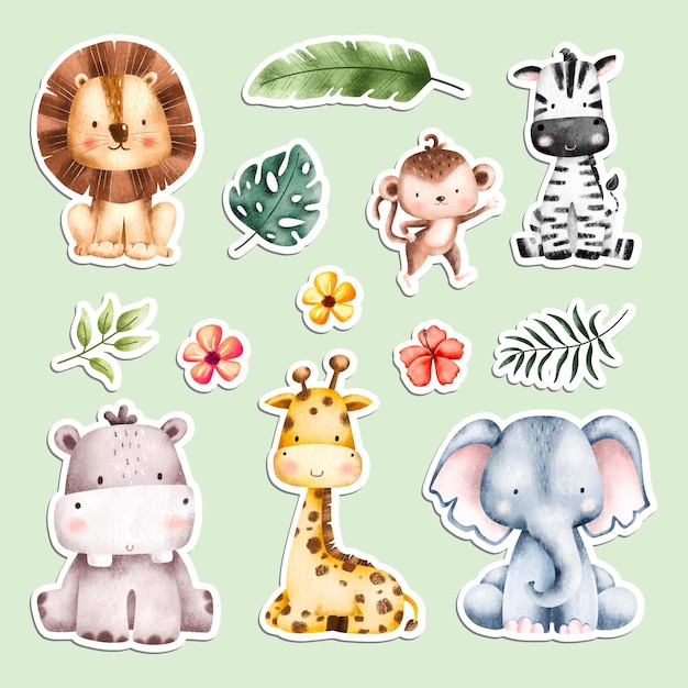 Watercolor safari animals and leaves sticker