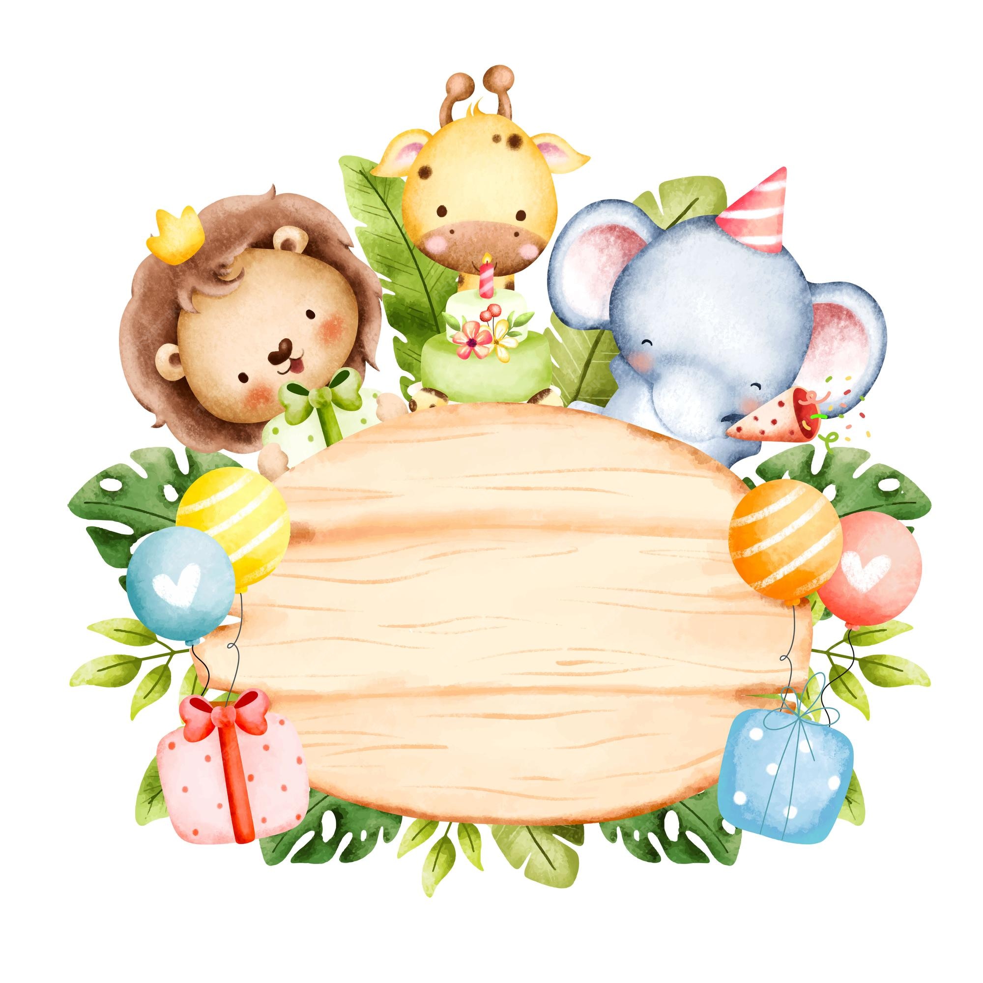 Premium Vector | Watercolor safari animals and wooden board happy birthday party theme Premium Vector | Watercolor safari animals and wooden board happy birthday party theme