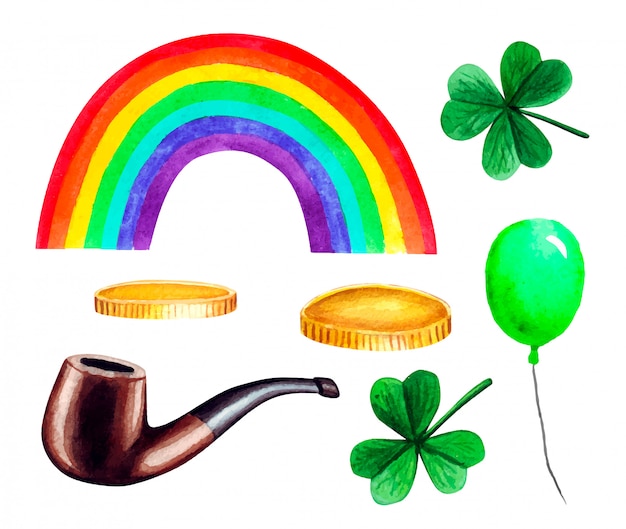 Watercolor  saint patrick's day set, with clover, rainbow, golden coins, smoking pipe and green balloon isolated on white.