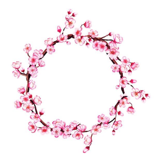 수채화 사쿠라, 벚꽃 가지 화 환.