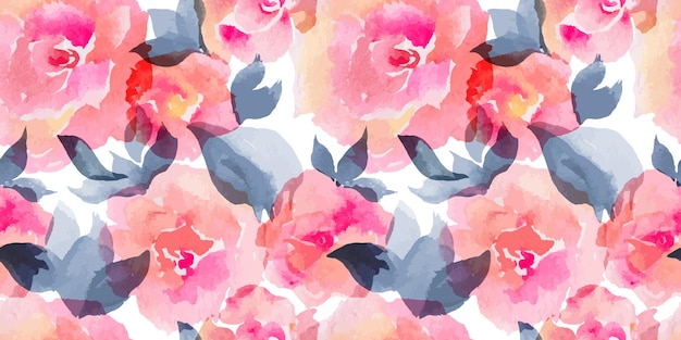 Vector watercolor samless pattern of rose flowers and leves