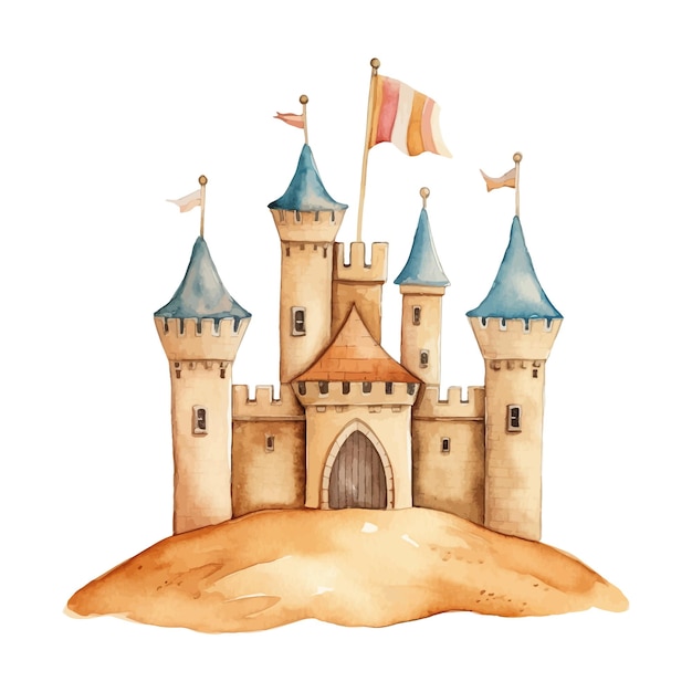 Watercolor sand castle illustration Hand drawn house with towers and flag built by kids