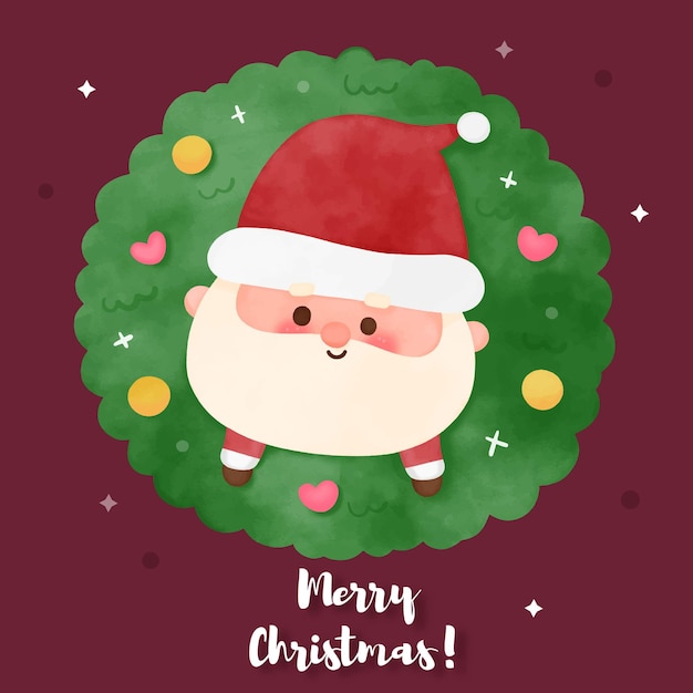 Watercolor santa christmas wreath kawaii cartoon