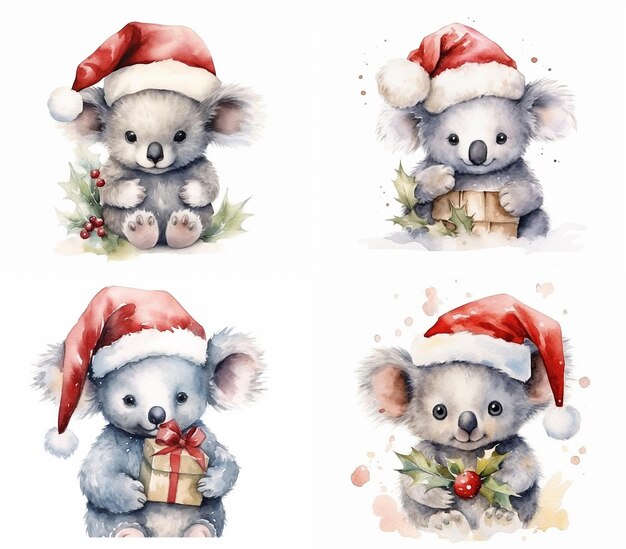 watercolor santa claus hat with baby giraffe cat puppy monkey cat owl elephant character collection