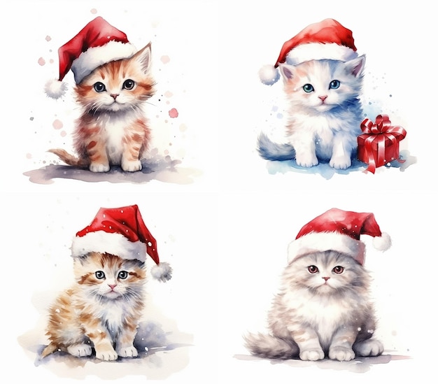 Watercolor santa claus hat with baby giraffe cat puppy monkey cat owl elephant character collection