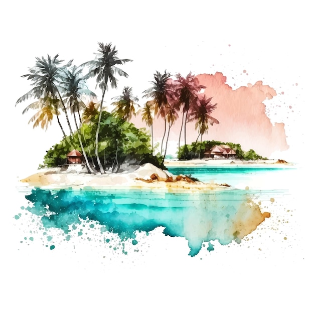 Watercolor scenic landscape maldives watercolor white color background nature beauty aerial view luxury background summer seascape amazing nature background relax day