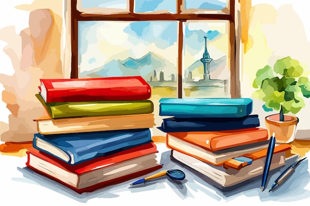 Vector watercolor school background vintage books stacks and school supplies school concept illustration