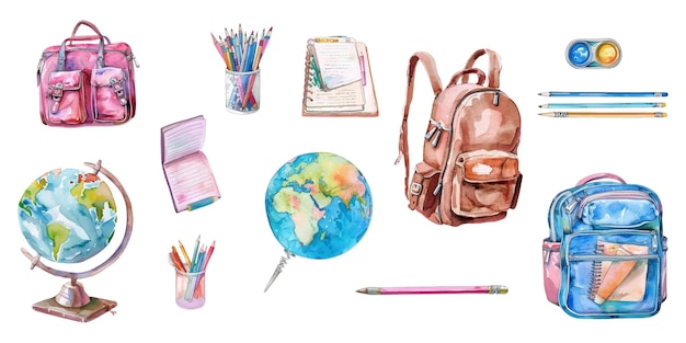 Vector watercolor school supplies and tools on white background