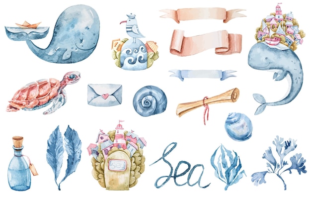 Set di clipart per animali marini ad acquerello simpatiche illustrazioni di personaggi dei cartoni animati per la sublimazione della doccia per bambini