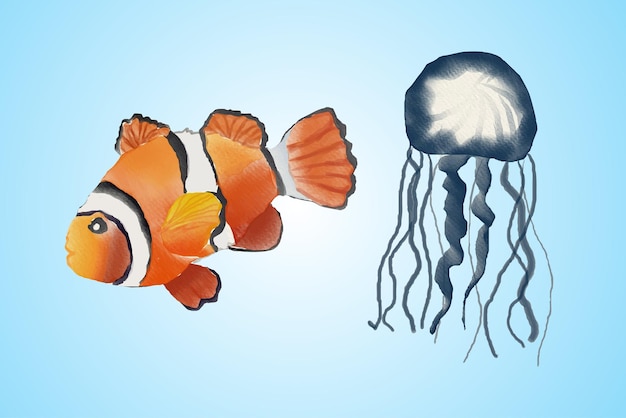 水彩海の動物クラゲ美しい魚のクリップアートイラスト