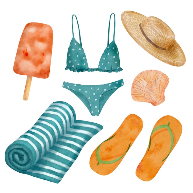 Vettore set da spiaggia acquerello mare costume da bagno bikini con cappello di paglia disegnato a mano e illustrazione di infradito