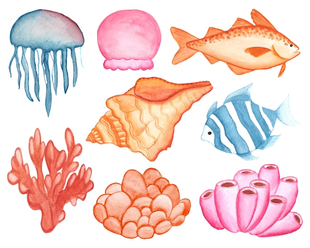 Watercolor Under The Sea Clipart Set | Premium Vector