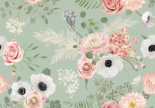 Vettore anemone senza giunte dell'acquerello, fiore di rosa, foglie di eucalipto, fondo di vettore dell'erba di pampa. modello di fiori secchi primaverili. design boho estivo per matrimonio, stampa tessile, trama della carta da parati, sfondo