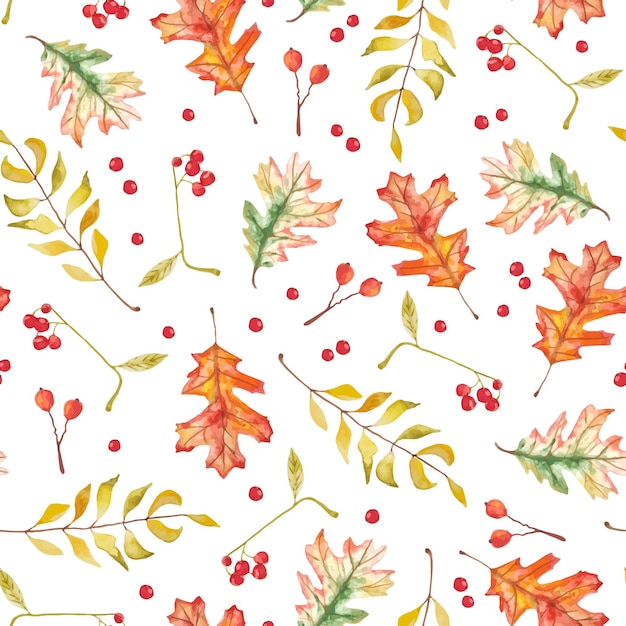 Watercolor seamless autumn colorful leaves pattern hand drawn