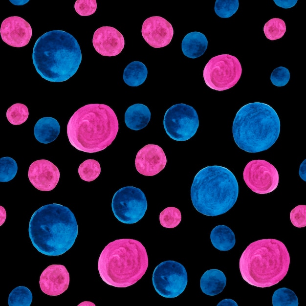 Watercolor seamless black pattern, blue and pink circles.