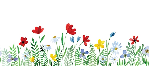 빨간색과 파란색 꽃과 야생화 귀여운 꽃 무늬와 수채화 원활한 테두리 프레임
