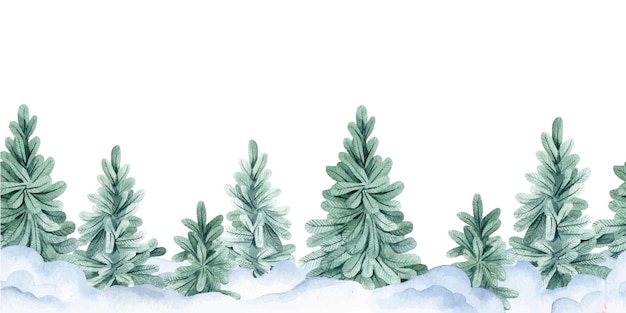 watercolor seamless border, frame with winter christmas landscape. fir trees and snow, winter