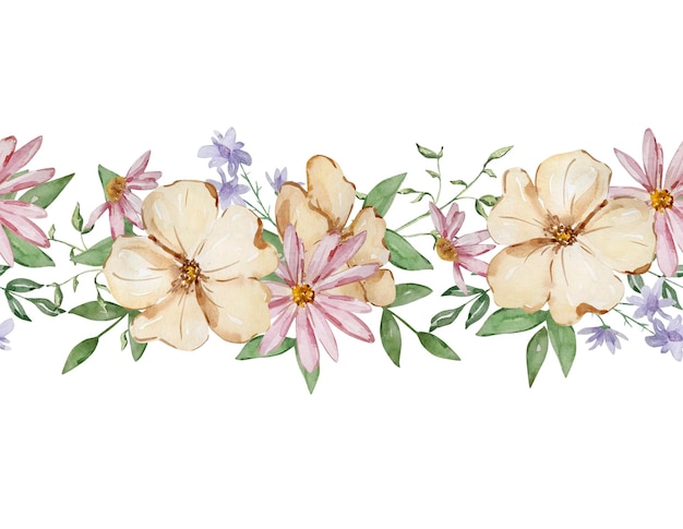 Vector watercolor seamless border of garden flowersxaxa